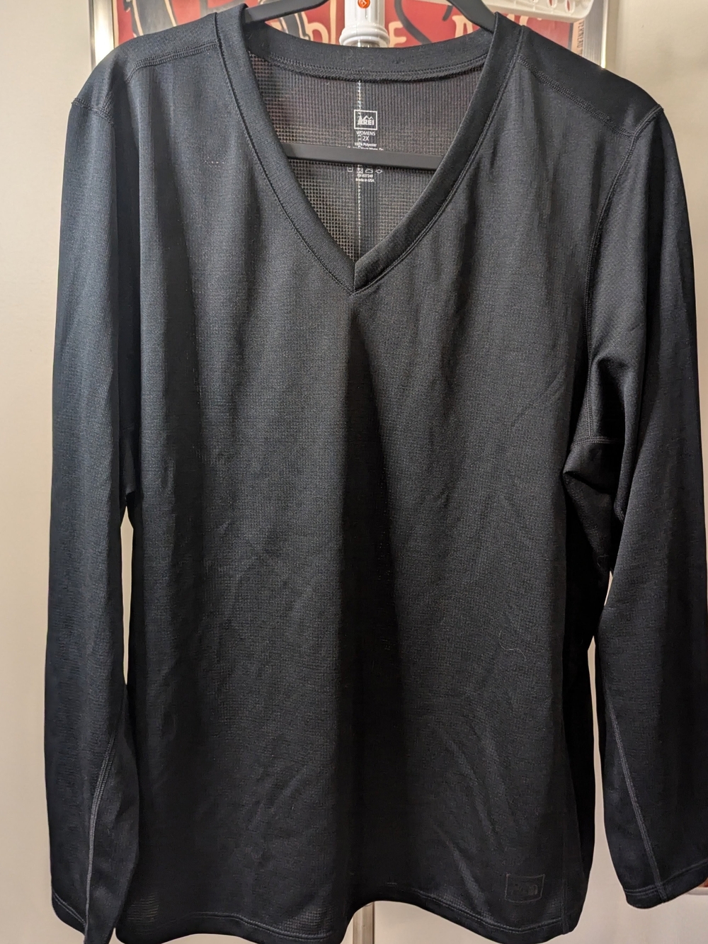 REI CO-OP Black Base Layer Long Sleeve V-Neck Top Plus Size 2X EUC Made in USA